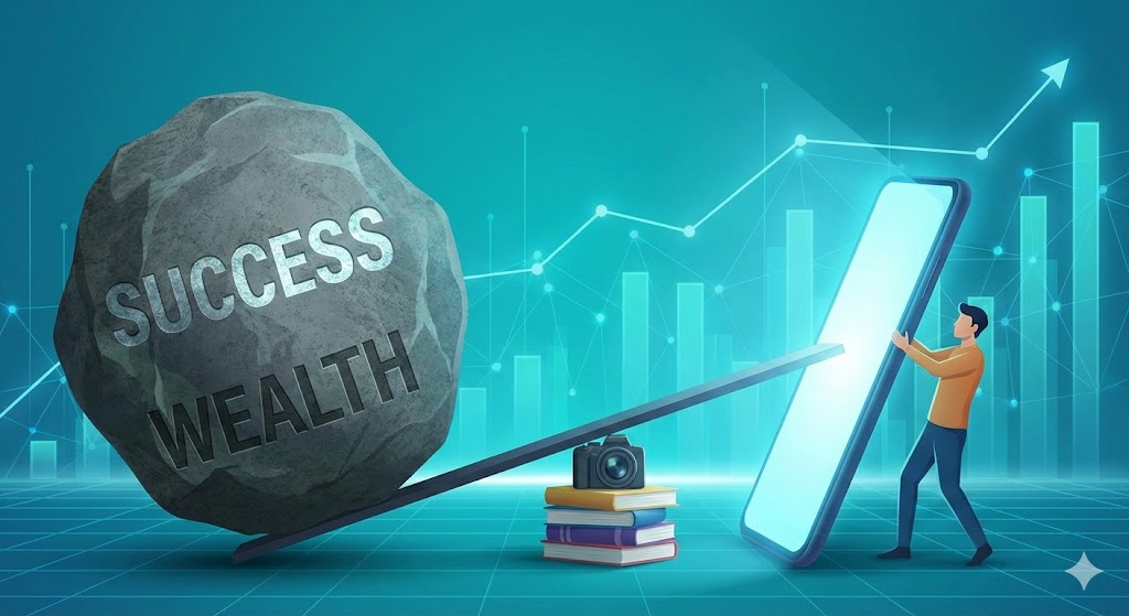 这张图直观地展示了“自媒体是杠杆”这一核心观点。一个人利用代表自媒体的智能手机作为杠杆，撬动了巨大的“成功”和“财富”，形象地说明了普通人如何通过这一工具实现非线性的增长。