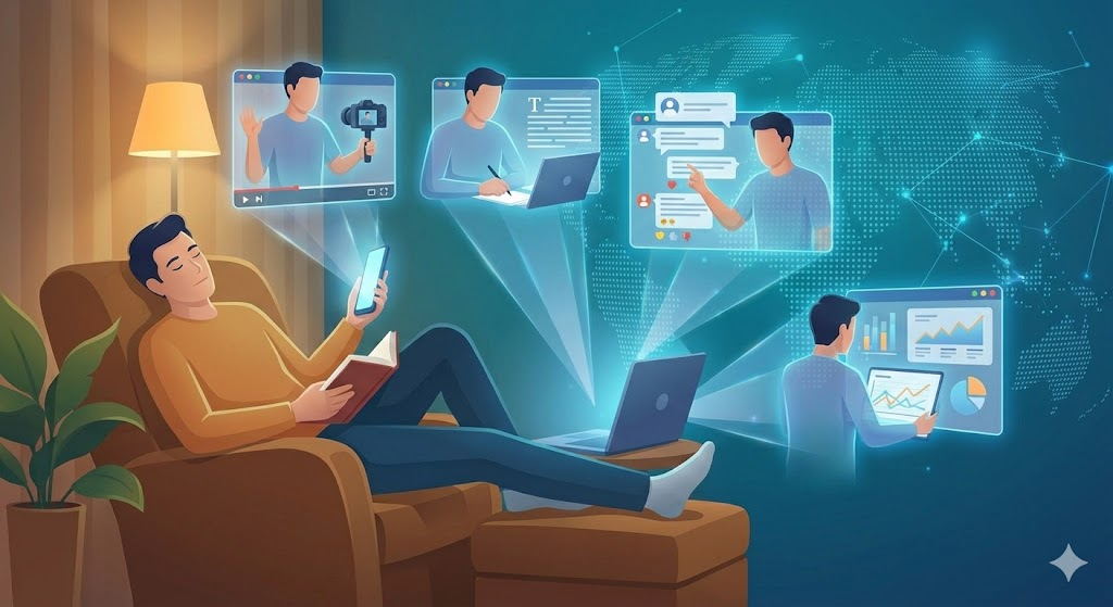 这张图完美诠释了“数字分身”的概念。博主在休息时，他的多个数字分身却在网络世界中忙碌地进行内容创作和互动，生动地展示了自媒体如何打破时间限制，实现24小时不间断的价值创造。