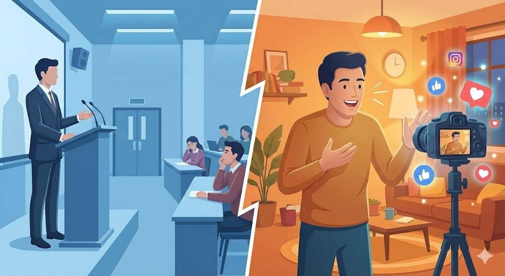 这张对比图强调了“真实”的力量。左侧是传统的、高高在上的专家形象，右侧是真实、接地气的创作者。通过冷暖色调和观众反应的对比，直观地说明了在自媒体时代，真诚和共鸣比完美的包装更具吸引力。