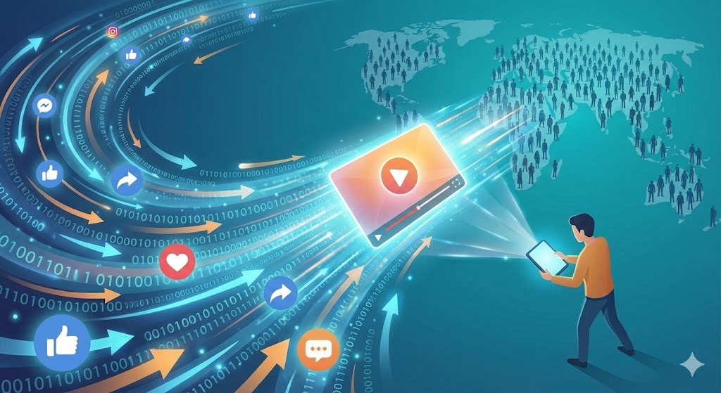 最后这张图形象地展示了算法如何放大你的影响力。一个视频内容被强大的数据流和社交互动（点赞、分享等）所推动，迅速传播给全球的受众。这生动地说明了算法是你免费的、最高效的“销售总监”。